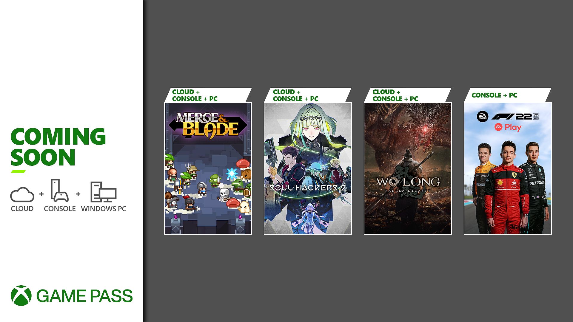 Coming to Xbox Game Pass: Wo Long: Fallen Dynasty, Soul Hackers 2, F1 22, and Merge & Blade -